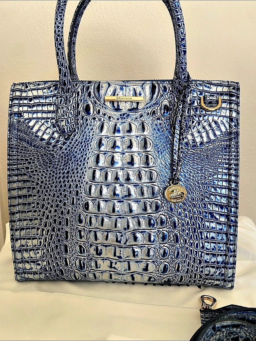 Brahmin Coastal Blue Caroline Croc-Embossed Tote EUC